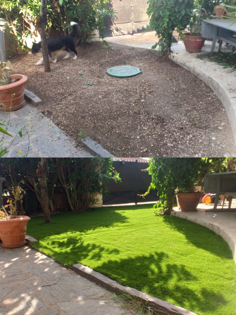 transformation d'un jardin avant et après la pose de gazon synthétique, illustrant l'efficacité du travail du paysagiste pour un résultat durable et soigné.