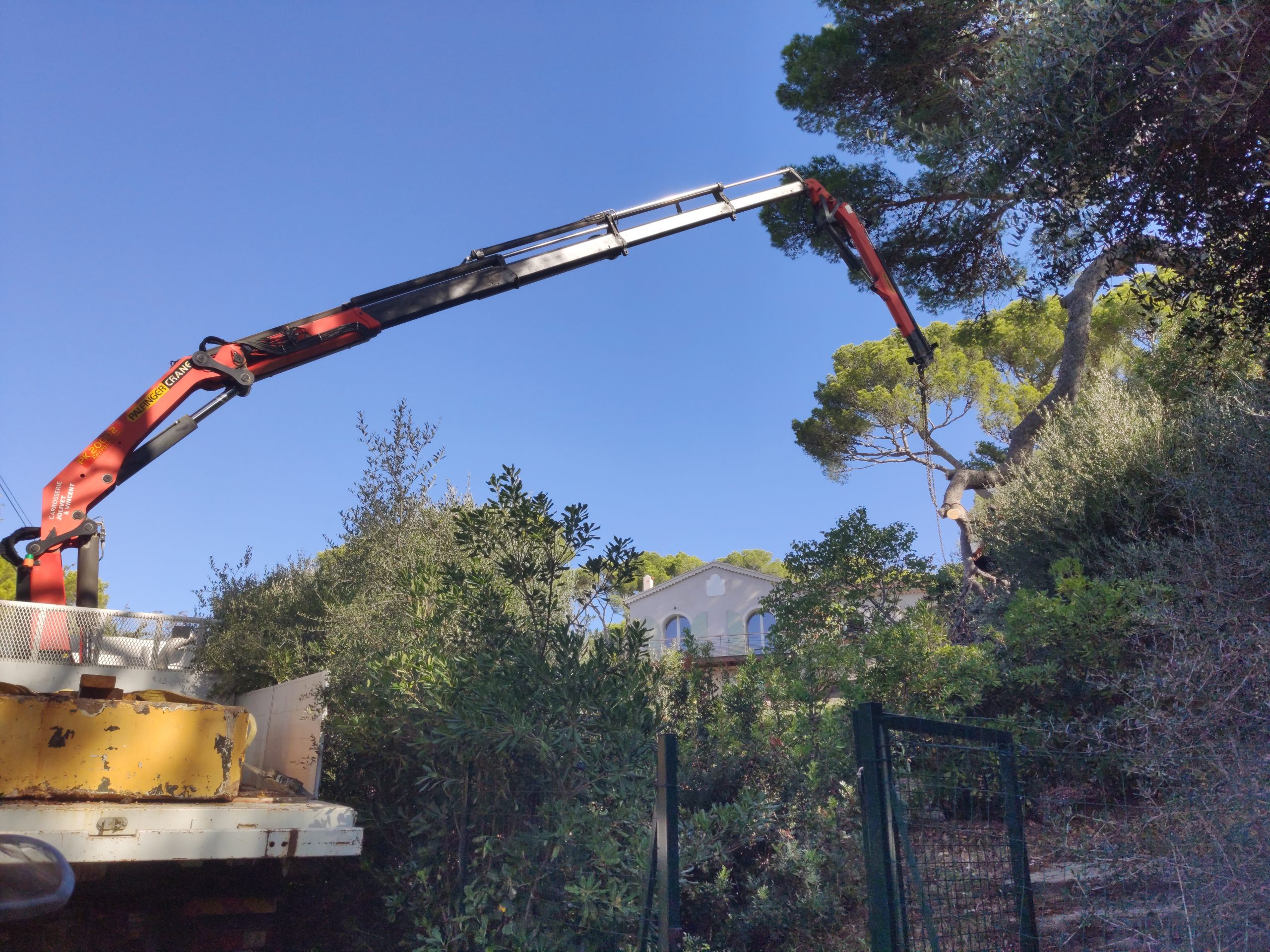 Grue utilisée pour l'abattage d'un arbre avec rétention , illustrant la gestion sécurisée des branches par un paysagiste lors de travaux d'abattage complexes.