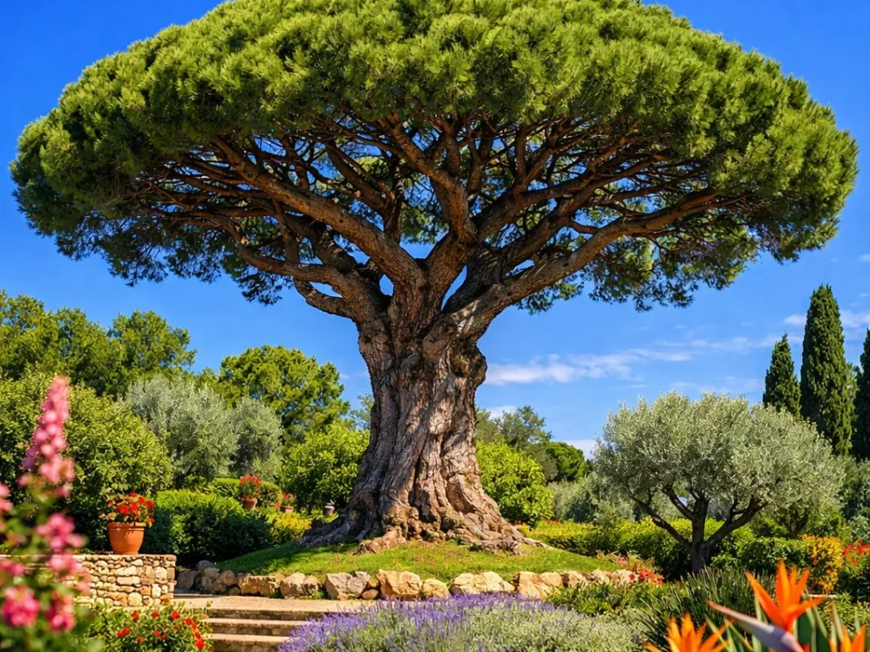 Pin parasol (Pinus pinea) adulte structurant un jardin méditerranéen dans le Var