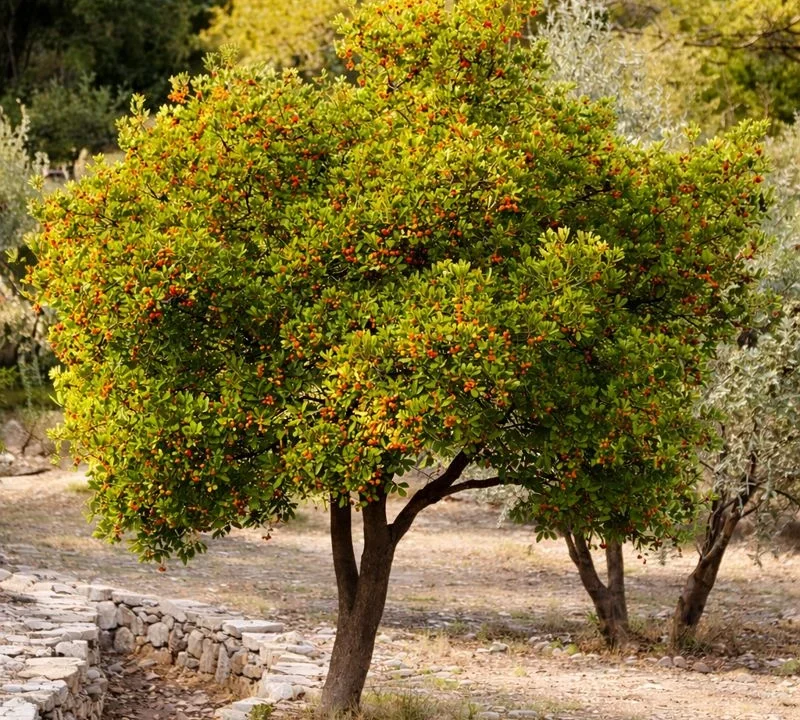 Arbousier (Arbutus unedo) adulte à feuillage persistant dans un jardin méditerranéen du Var