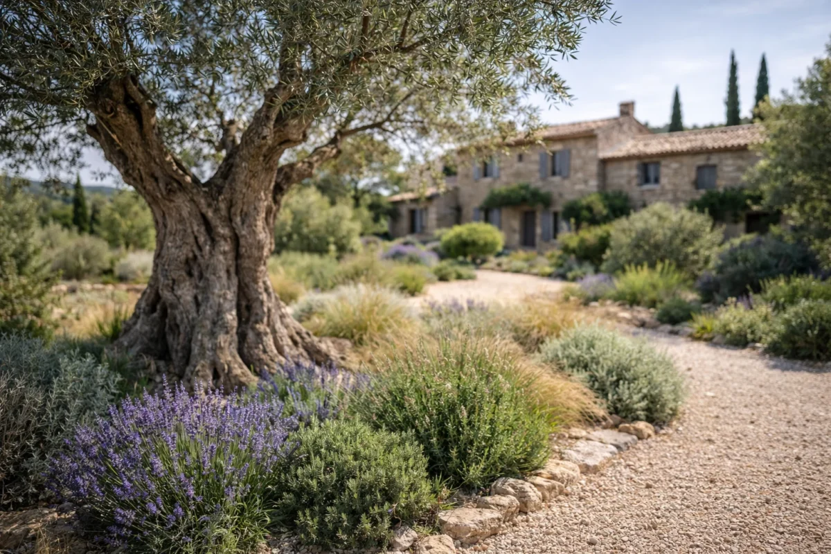 Jardin méditerranéen haut de gamme à Saint-Tropez avec oliviers, massifs structurés et vue dégagée