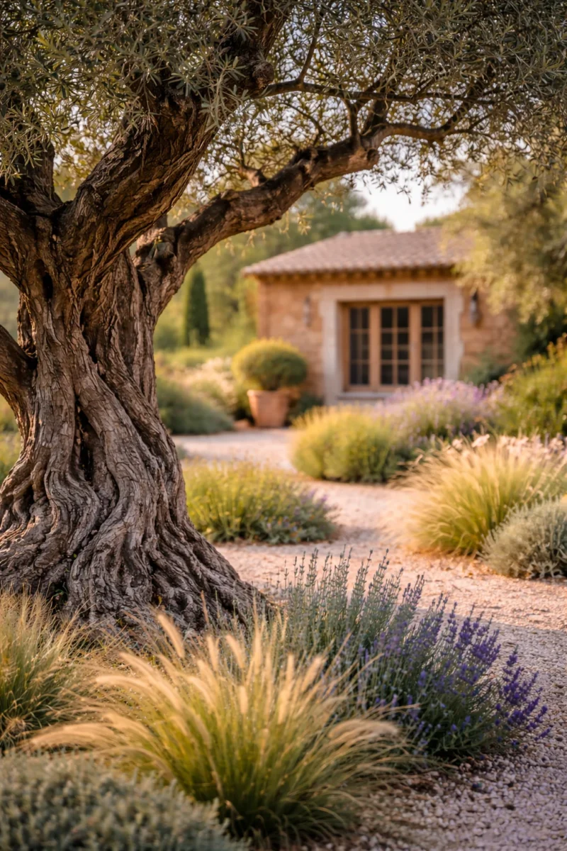 Jardin méditerranéen crée par un paysagiste à La Garde avec olivier, massifs structurés et allées paysagées