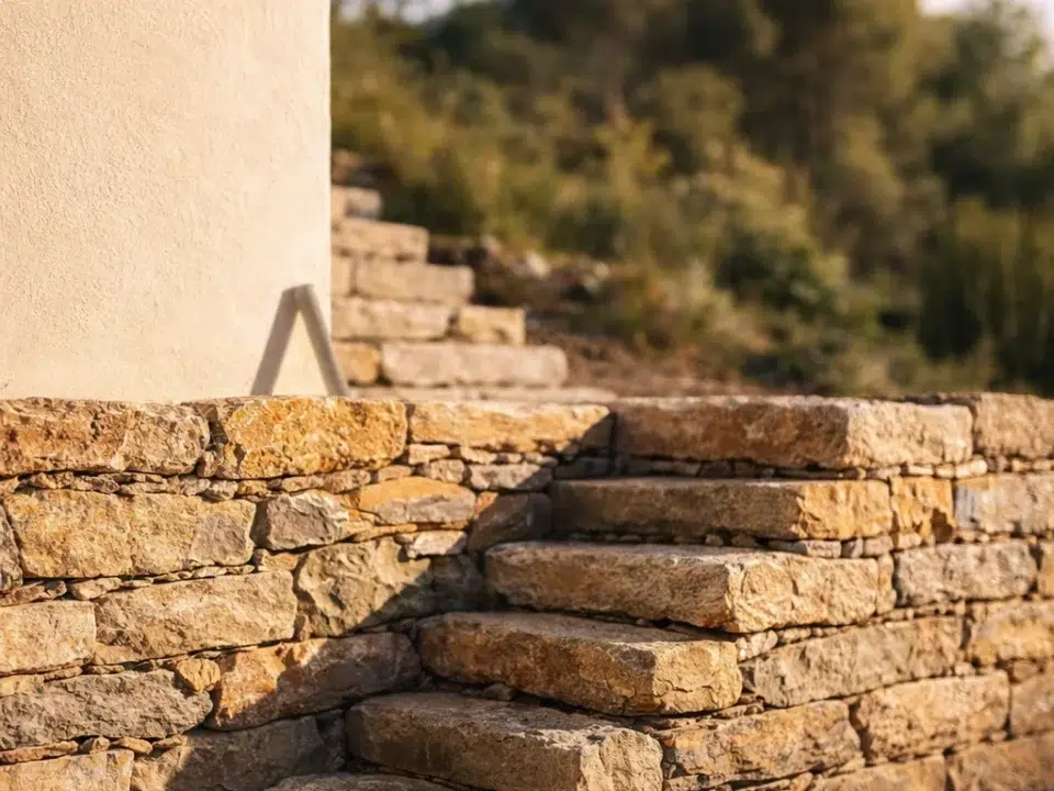 Escalier en pierre enrochement reliant deux niveaux d’un aménagement extérieur