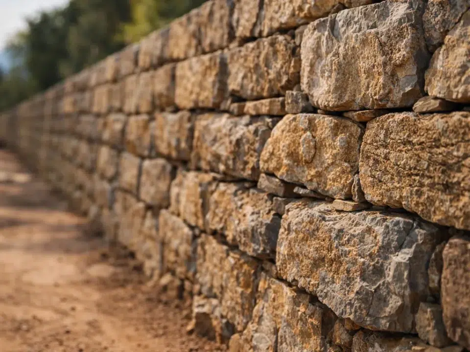 Mur en pierre en enrochement structurant un aménagement extérieur durable