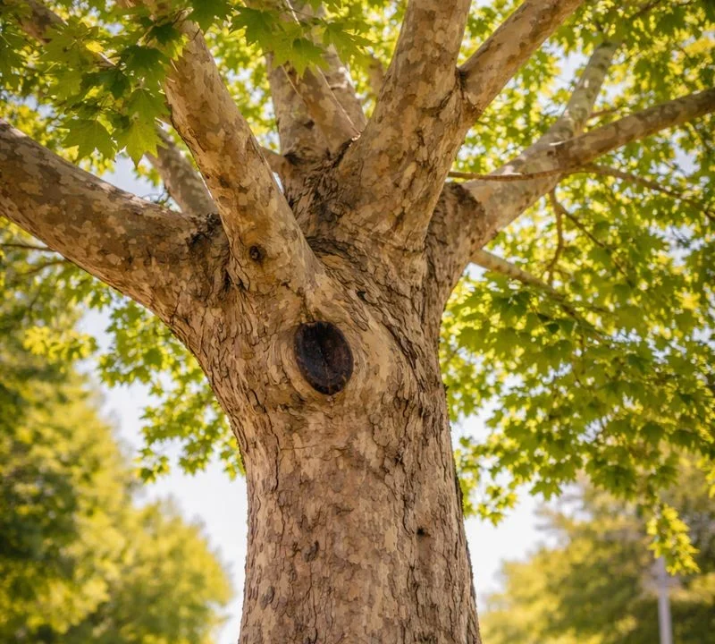 Platane adulte en milieu urbain avec écorce tachetée caractéristique