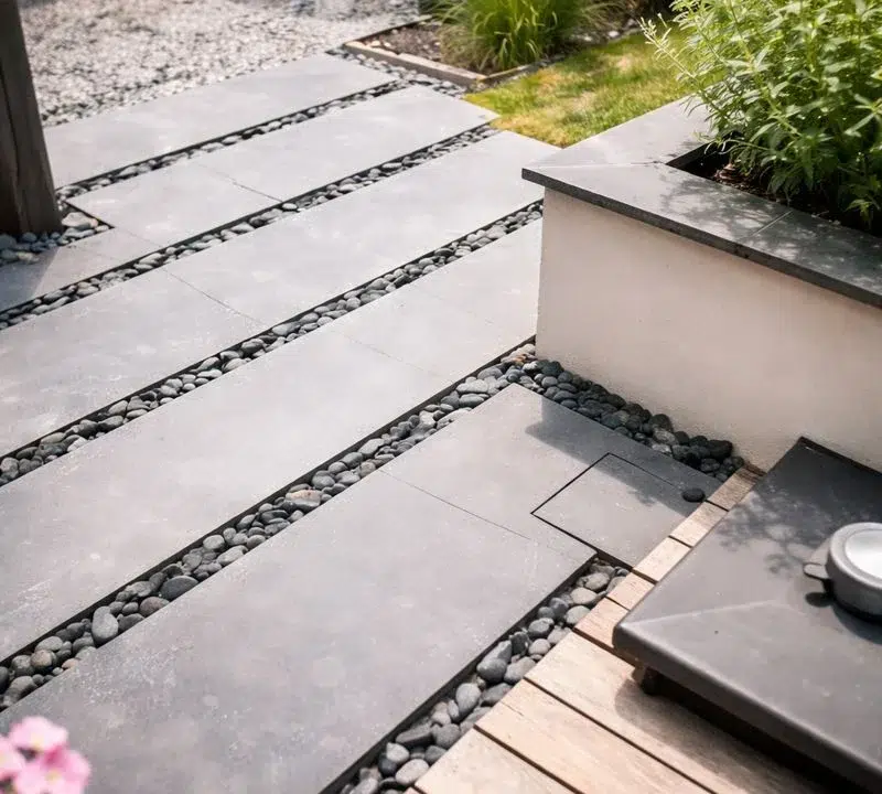 Escalier paysager en pierre reliant différents niveaux du terrain